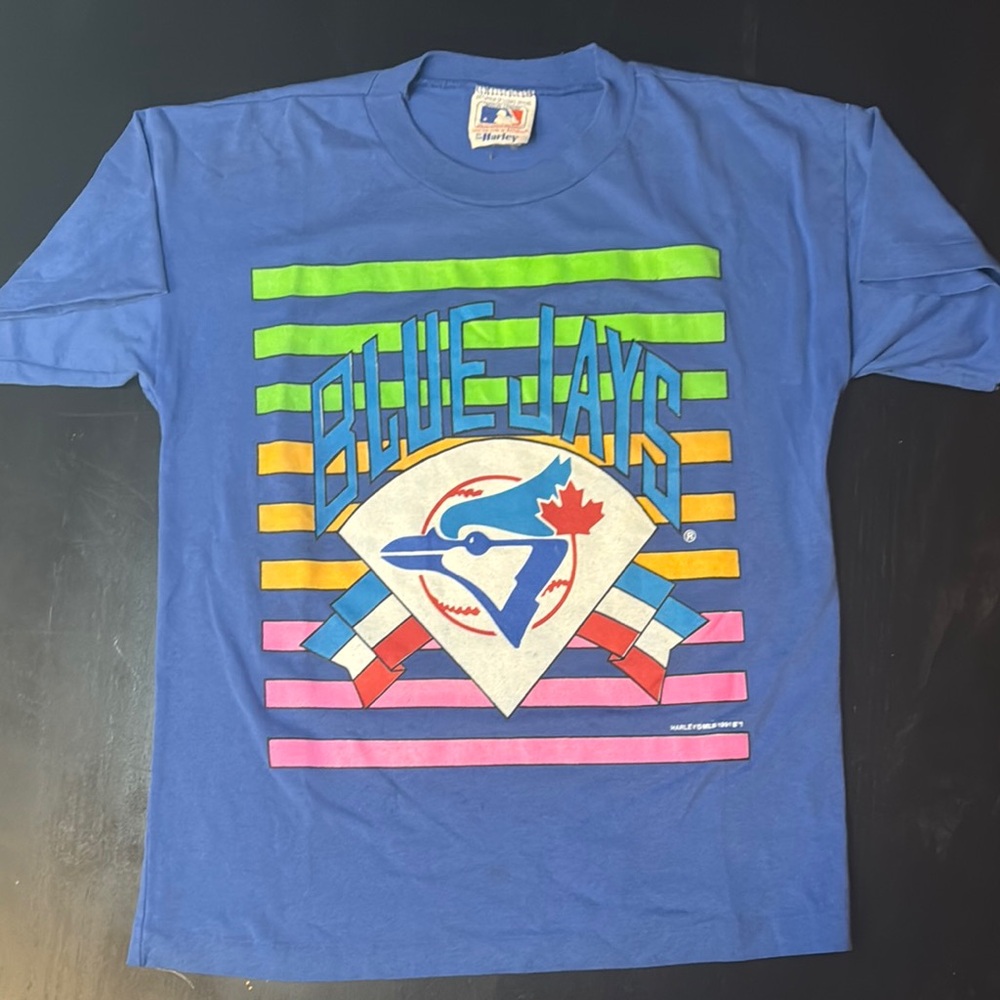 Vintage 1991 Blue Jay Striped Logo Tee single stitch - Blue and Multicolor